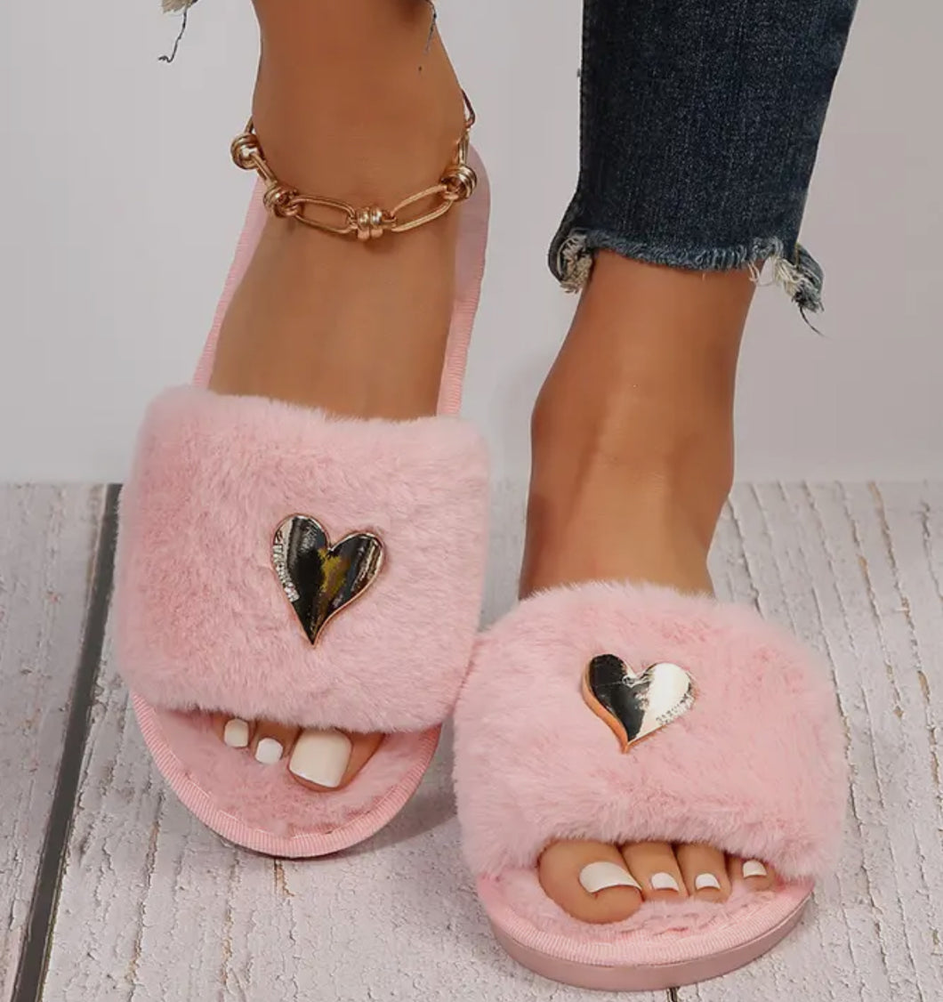 Heart Fuzzy Slide Slippers